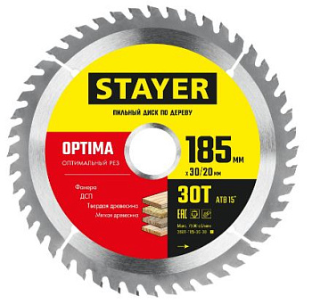 STAYER OPTIMA 185 x 30/20мм 30Т, диск пильный по дереву, оптимальный рез
