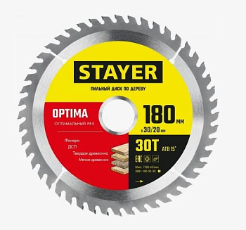 STAYER OPTIMA 180 x 30/20мм 30Т, диск пильный по дереву, оптимальный рез