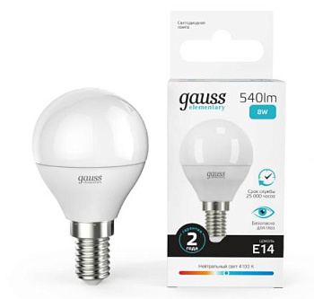 Лампа Gauss Elementary Шар 8W 540lm 4100K Е14 LED 1/10/100