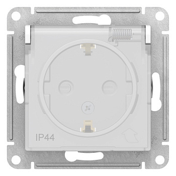Розетка 1-м СП AtlasDesign Aqua 16А IP44 с заземл. защ. шторки с крышкой механизм белая.
