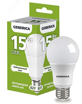 Лампа светодиодная A60 груша 15Вт 230В 4000К E27 GENERICA