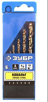 ЗУБР КОБАЛЬТ 6шт(2-8мм), Набор сверл по металлу, сталь Р6М5К5, класс А