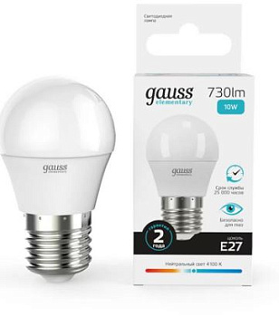 Лампа Gauss Elementary Шар 10W 730lm 4100K Е14 LED 1/10/100