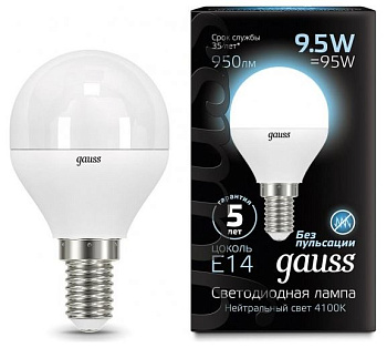 Лампа Gauss Шар 9.5W 950lm 4100K E14 LED 1/10/100