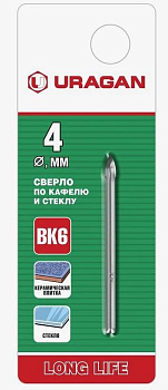 Сверло по кафелю, керамике, стеклу, с двумя режущими лезвиями, цилиндрический хвостовик, 4 мм, URAGA