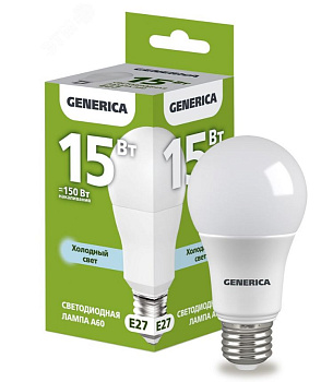 Лампа светодиодная A60 груша 15Вт 230В 6500К E27 GENERICA