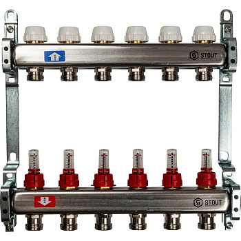 STOUT Коллектор из нержавеющей стали с расходомерами, с клапаном вып. воздуха и сливом 6 вых