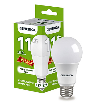Лампа светодиодная A60 груша 11Вт 4000К E27 230В GENERICA