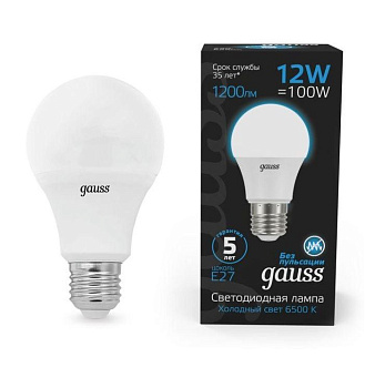 Лампа Gauss A60 12W 1200lm 6500K E27 LED 1/10/50