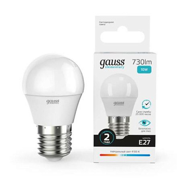 Лампа Gauss Elementary Шар 10W 730lm 4100K Е27 LED 1/10/100