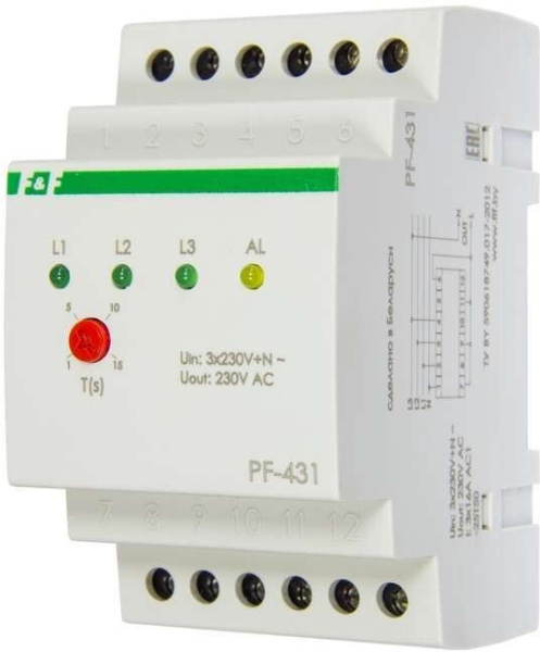 Переключатель фаз PF-431  приоритетной фазой; монтаж на DIN-рейке 35мм 3х400 230+N 3х16А IP20